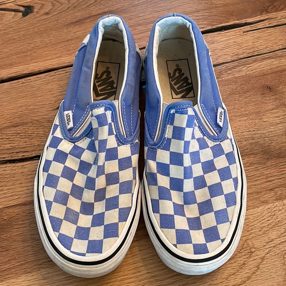 Classic Blue White Checker Vans Shoes Slip On Size 7.5 Women Side 6 Men